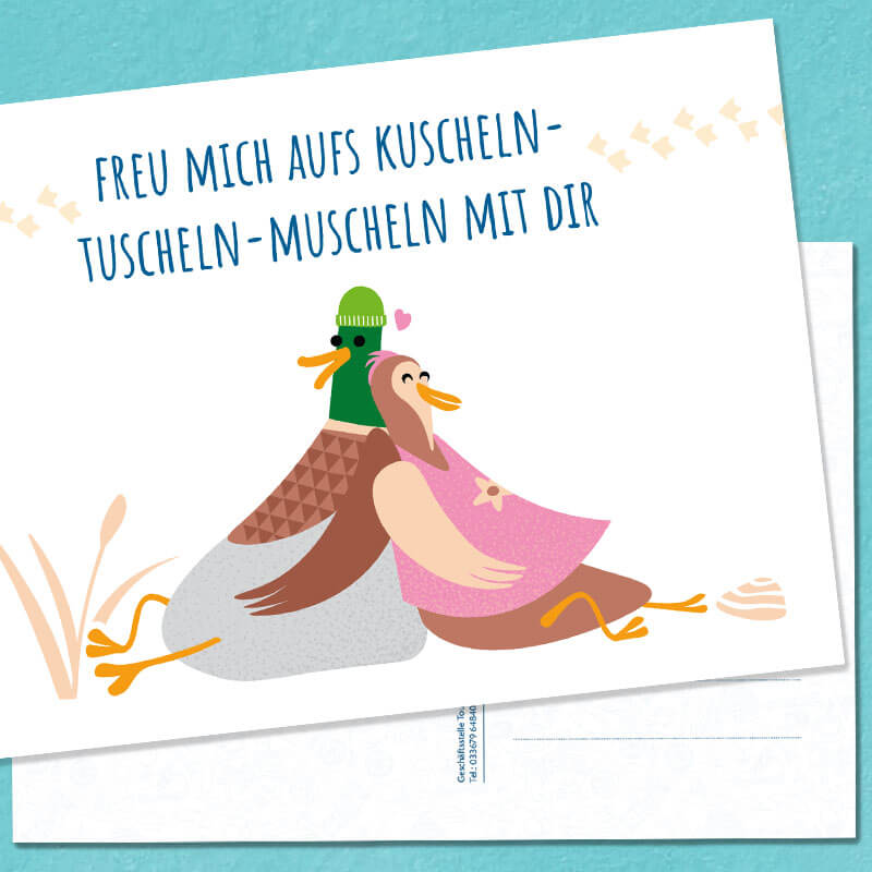 Postkarte vom Scharmützelsee, zwei Enten kuscheln, dos patos se relajan