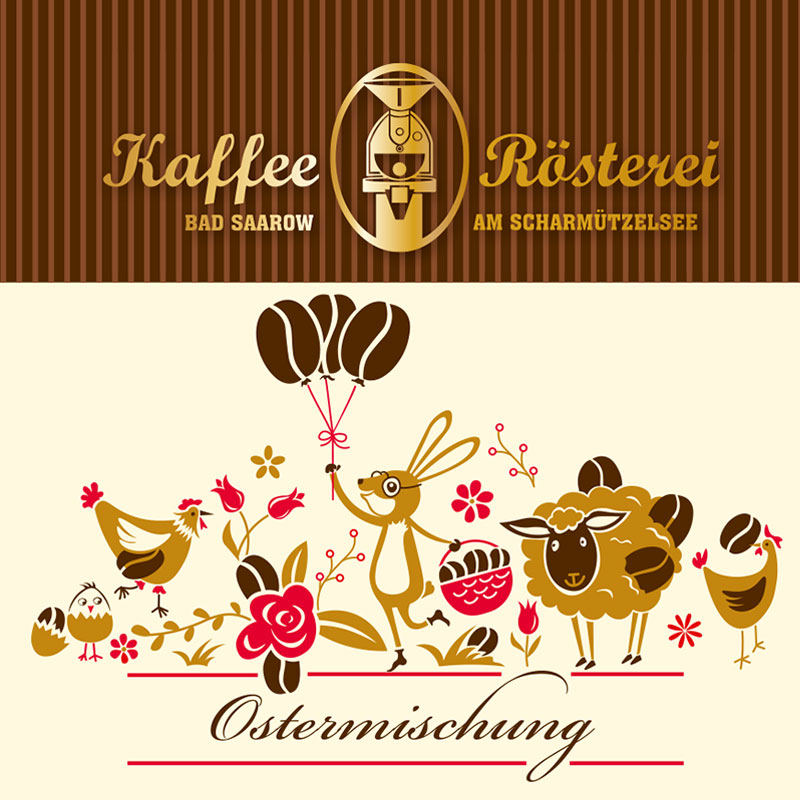 Fuxdesign, Illustration KaffeeRösterei Etikett, Ostermotiv mit Hühnern, Haase und Schaf sowie Kaffeebohnen