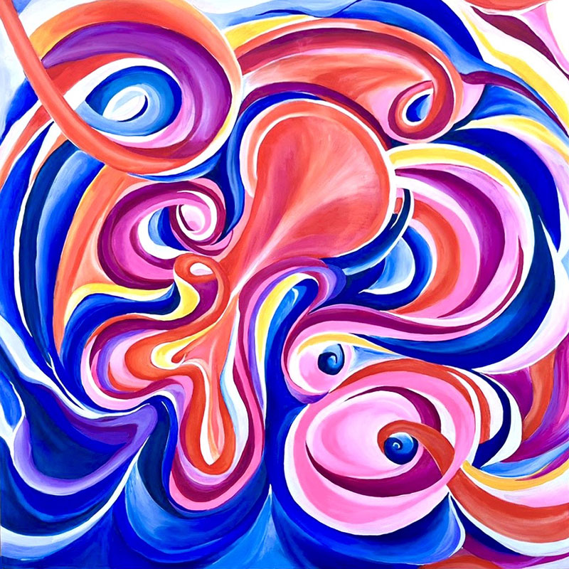 Rote, orangene und blaue organische Farbwellen und Bewegungen drücken die Kraft des Südens aus, Ondas y movimientos orgánicos de color rojo, naranja y azul expresan la fuerza del sur