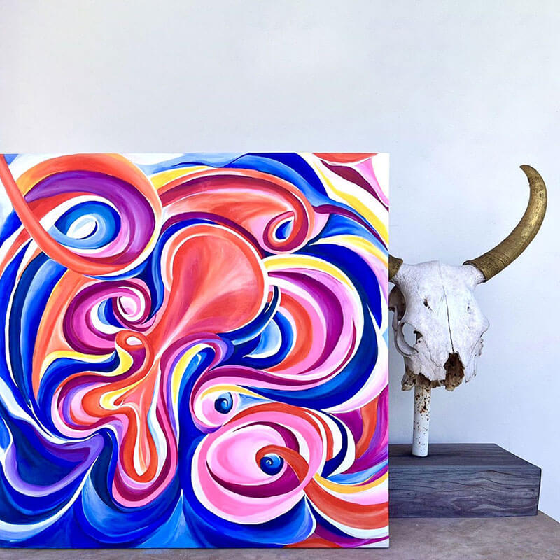 Christiane Wilke, blaue, rosa und rote Schwünge und Kreise, dynamische Bewegung, abstrakt, Acryl auf Leinwand, 80 x 80