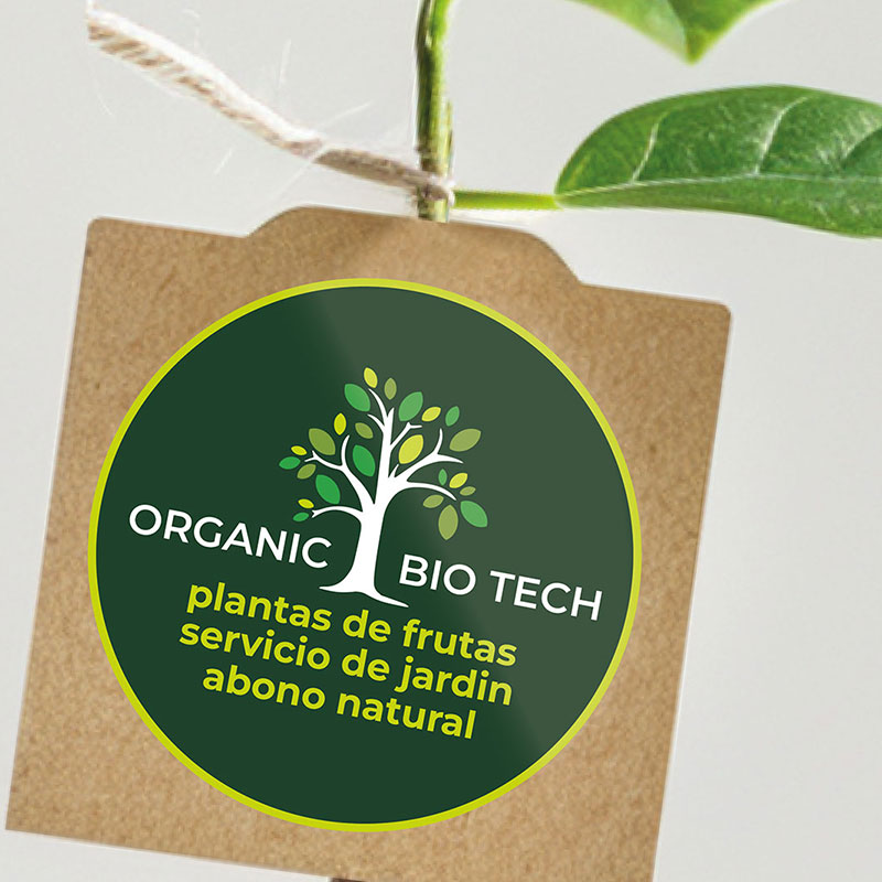Etikett für Pflanzen auf Ökopapier mit dem Logo von OrganicBioTech, Etiquetado para plantas en papel ecológico con el logotipo de OrganicBioTech
