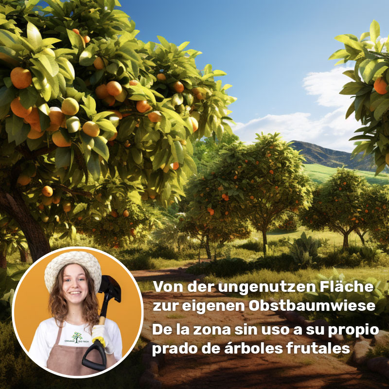 Anzeigenbild mit idealem Obstbaumgarten und einer motivierten Gärtnerin, Imagen publicitaria con un huerto ideal y un jardinero motivado