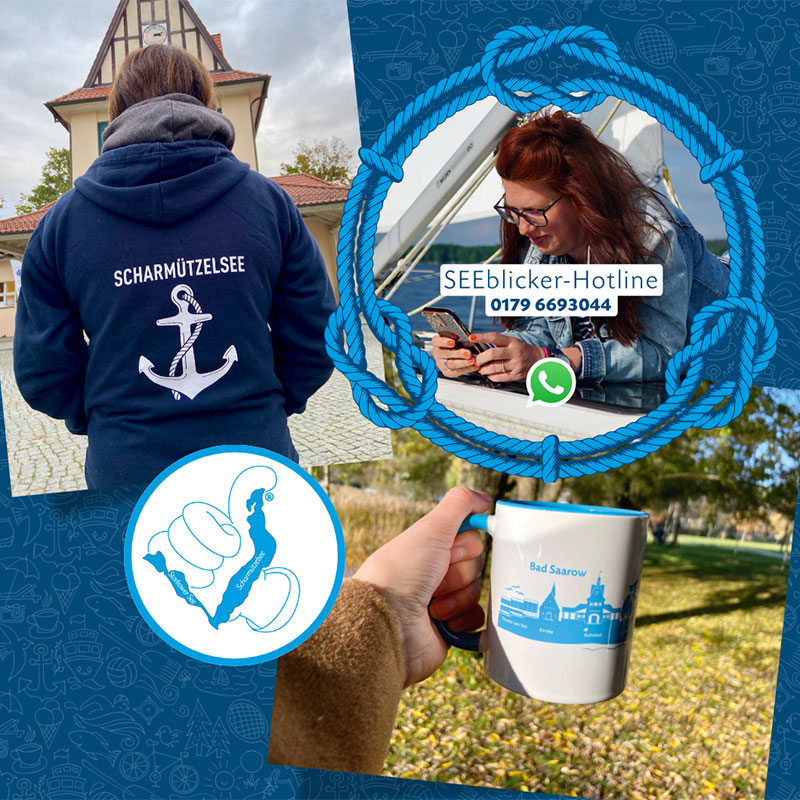Merchandising-Ideen wie Tasse & Pullover für den Tourismusverein Scharmützelsee, Ideas de merchandising como tazas y jerseys para el Turismo de Scharmützelsee.